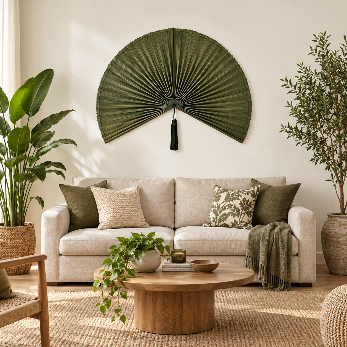 Dark Olive Green woven wall fan in an alternate room setting
