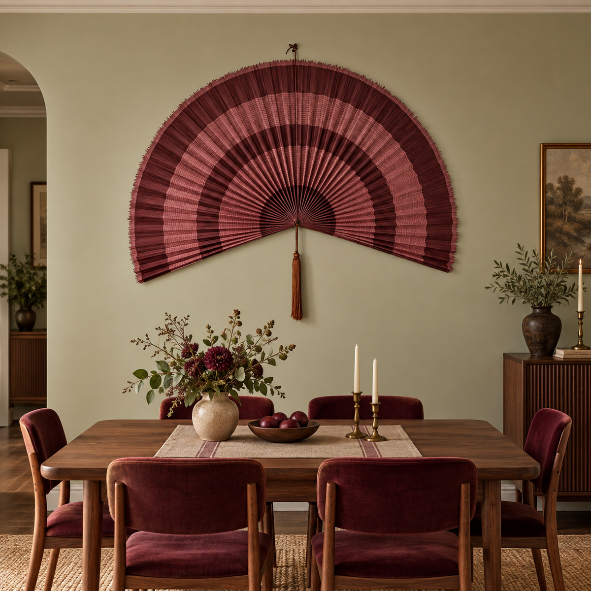 Burgundy & Dusty Pink Striped woven wall fan in an alternate room setting