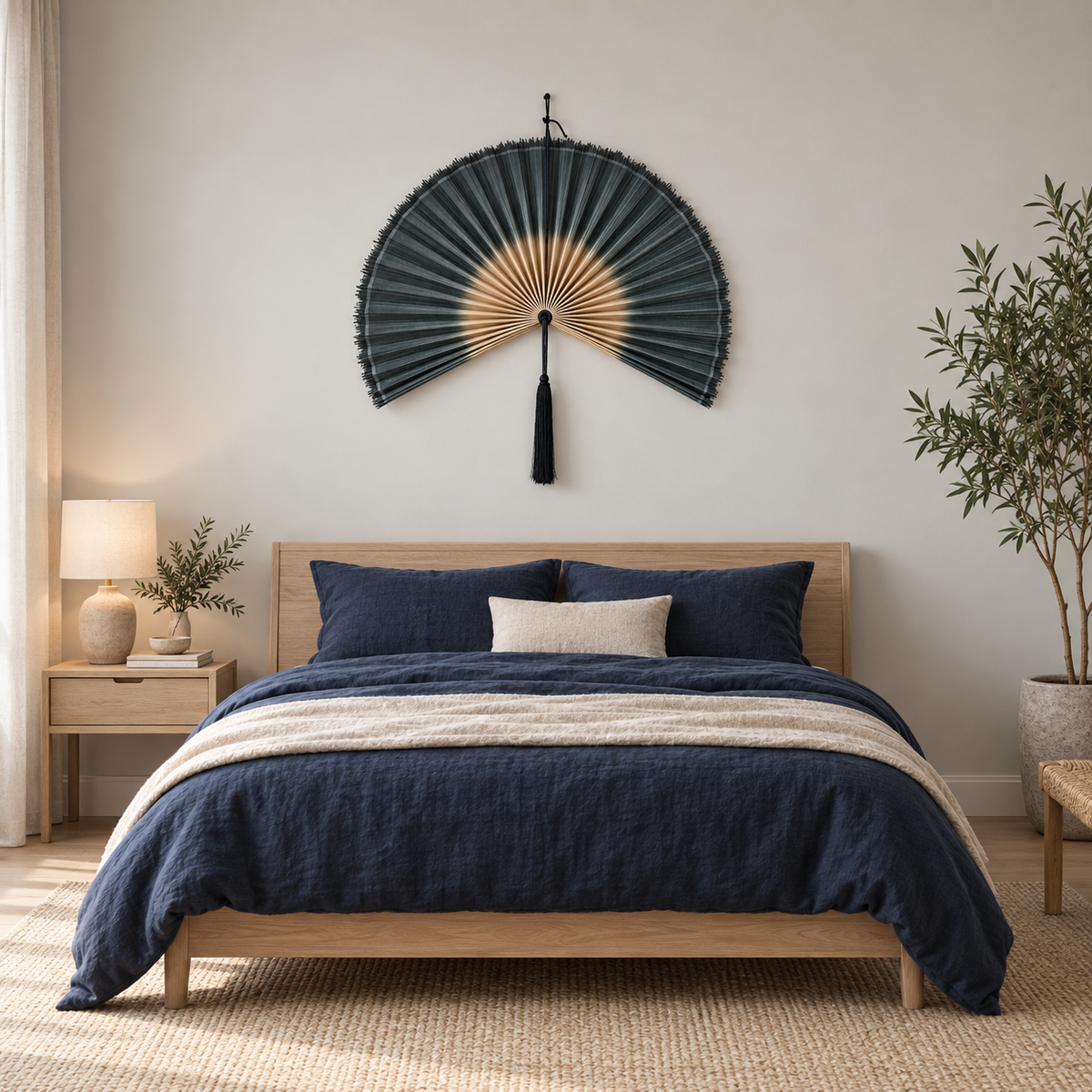 Charcoal Blue woven wall fan in an alternate room setting