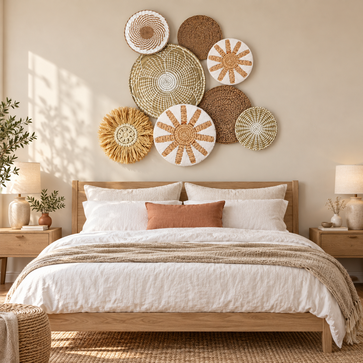 White sunburst woven wall basket set arranged above a bed