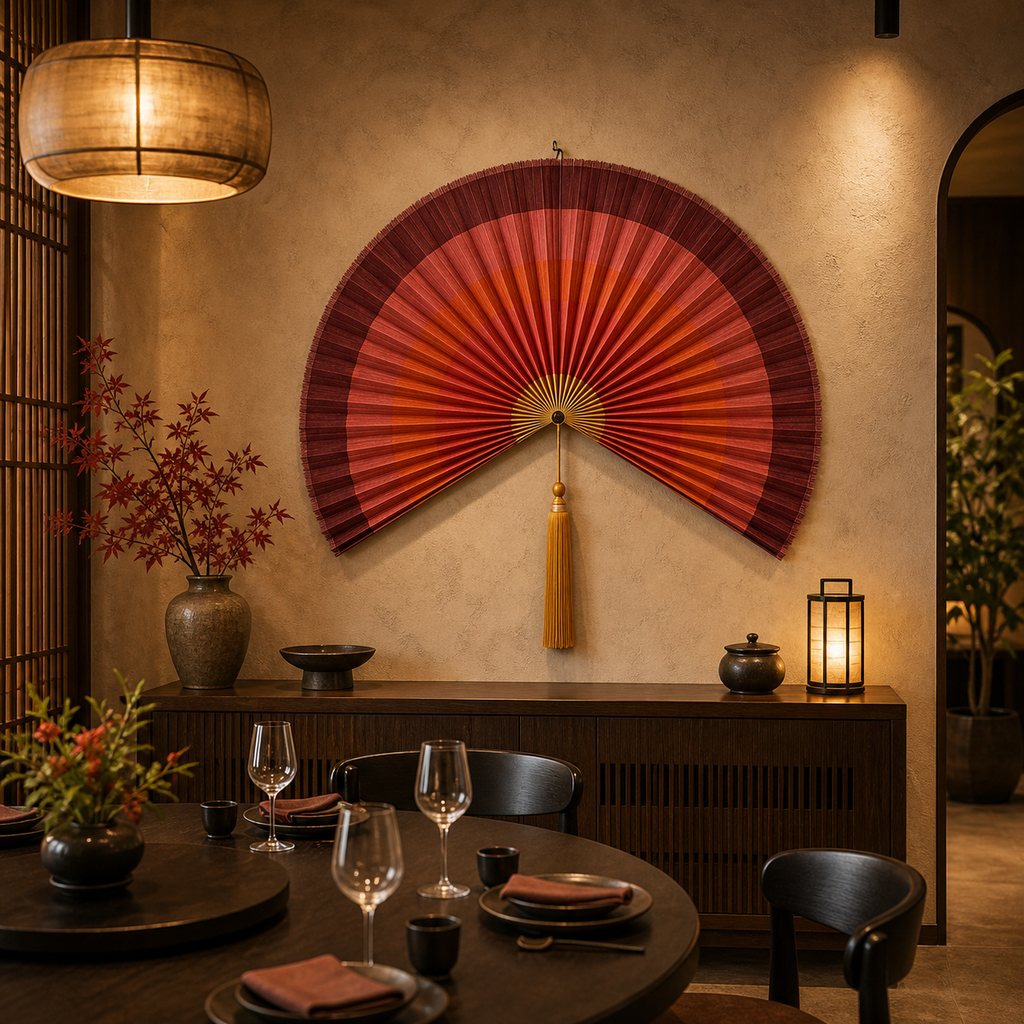 Red Orange Gradient Bamboo Wall Fan with Yellow Tassels - 60" × 120 cm