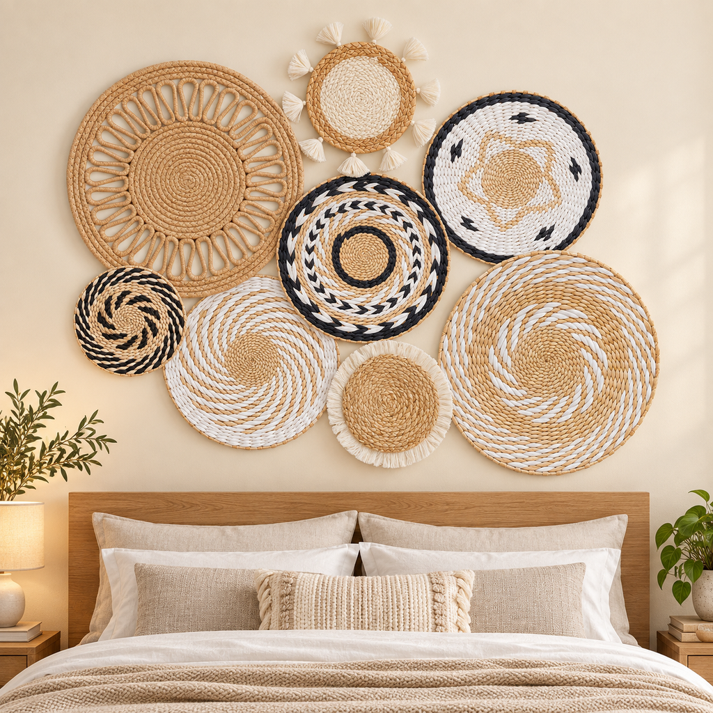 Eight-piece geometric basket wall decor displayed in a bedroom