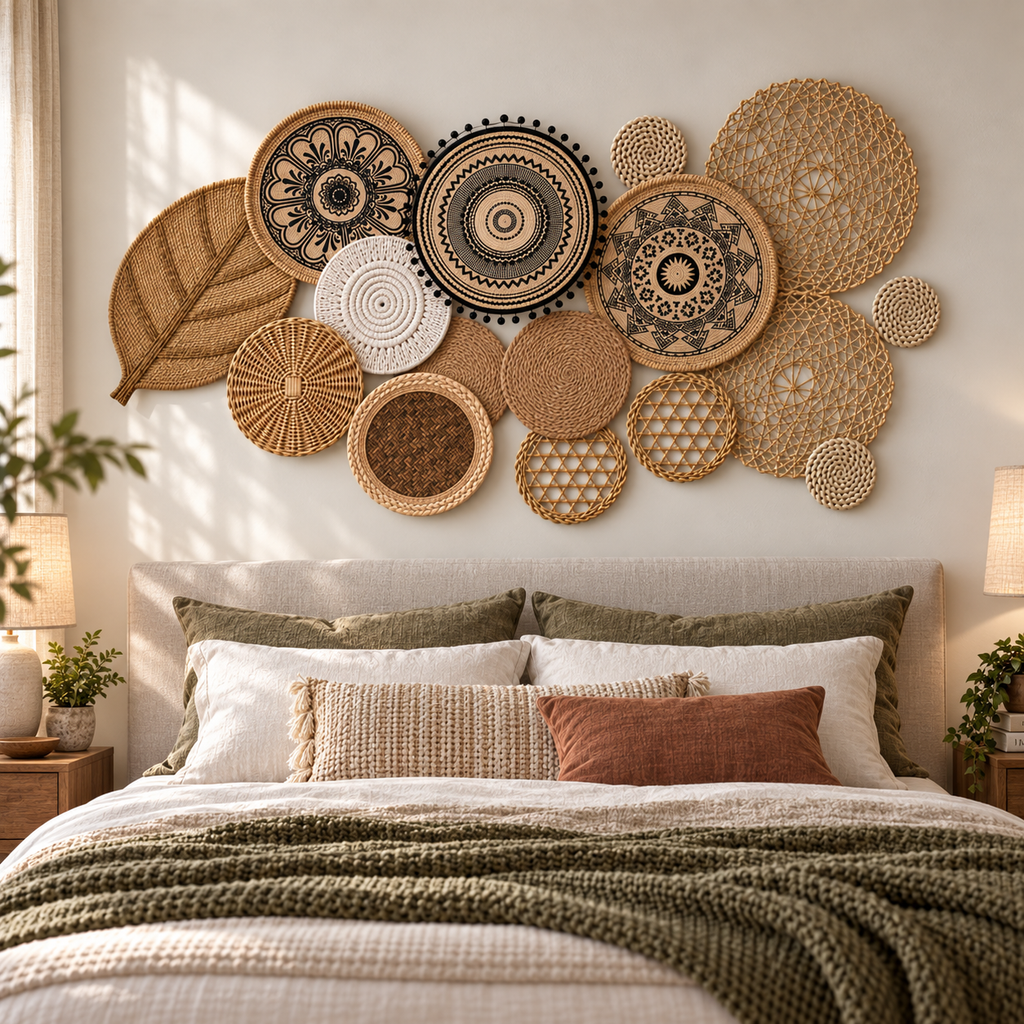 Fifteen-piece mandala basket wall decor in a bedroom