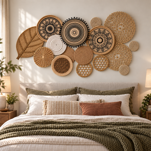 Fifteen-piece mandala basket wall decor in a bedroom