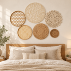 Six-piece natural basket wall decor set displayed in a bedroom