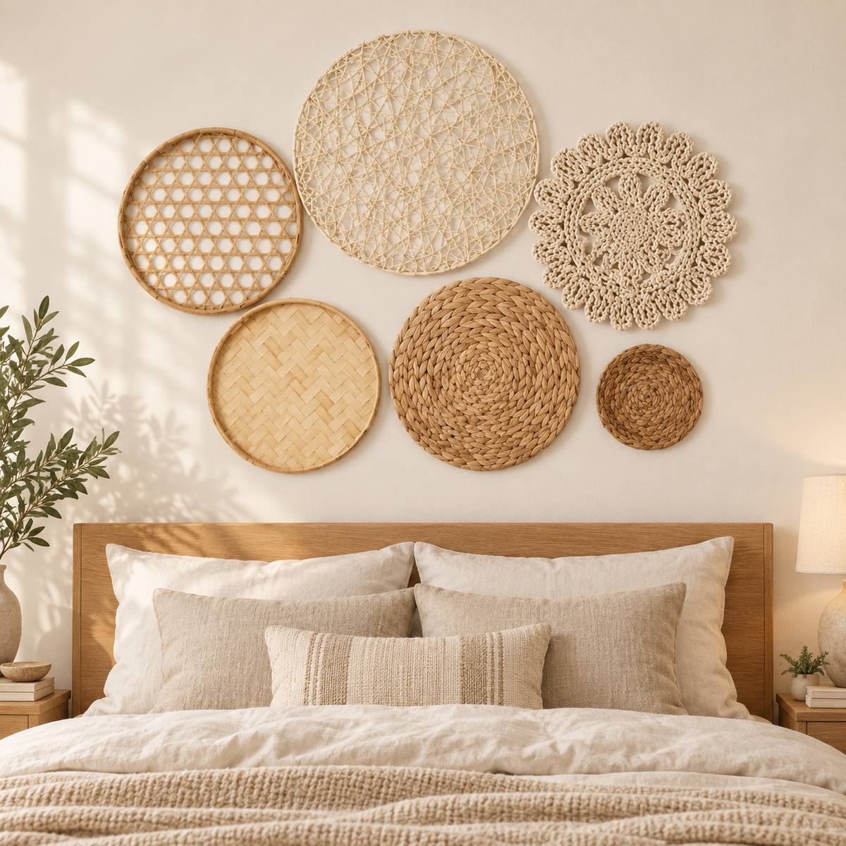 Six-piece natural basket wall decor set displayed in a bedroom