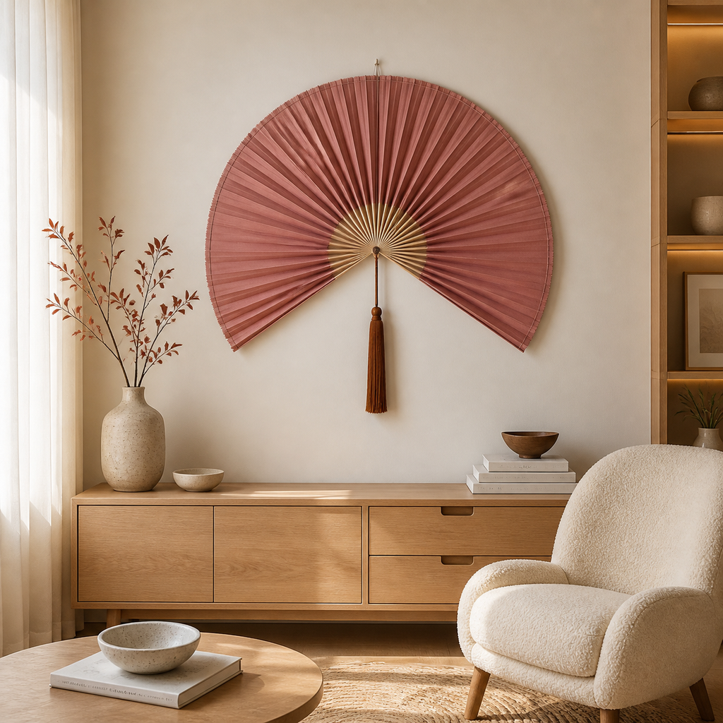 Warm Pink Handwoven Bamboo Wall Fan with Brown Tassels - 60" × 120 cm