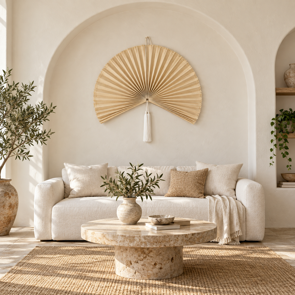 Natural Beige woven wall fan in an alternate room setting