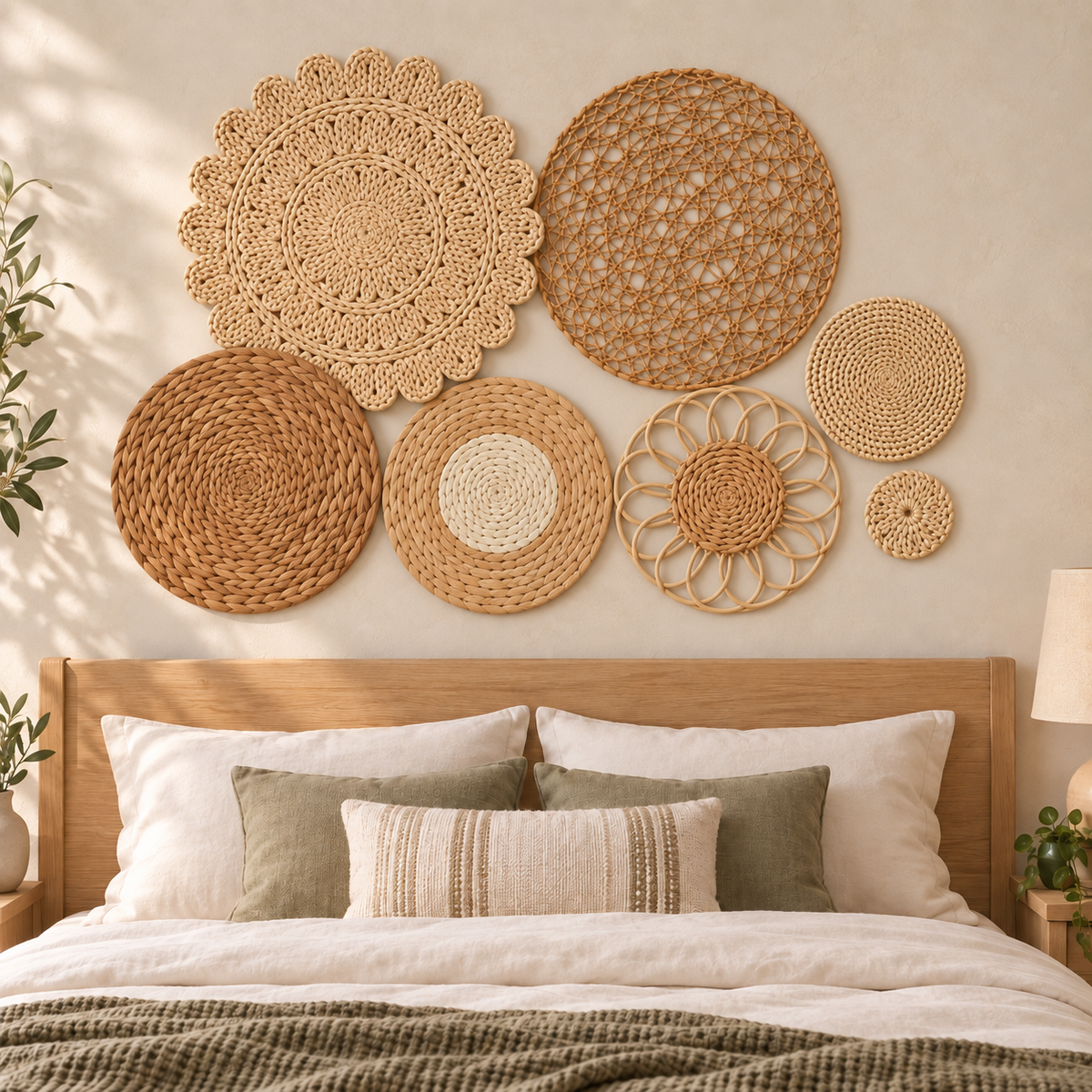 Seven-piece rattan basket wall decor displayed in a bedroom