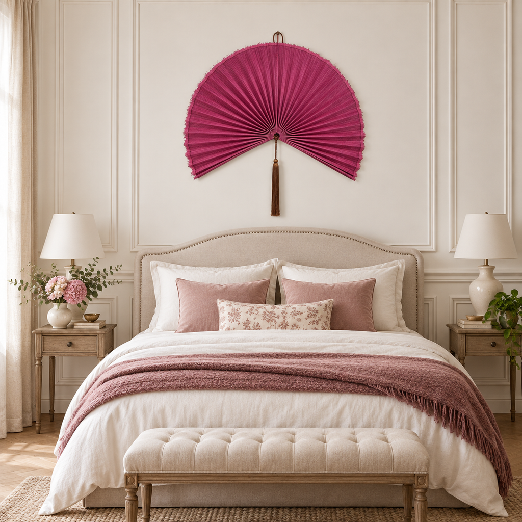 Rose Pink woven wall fan in an alternate room setting