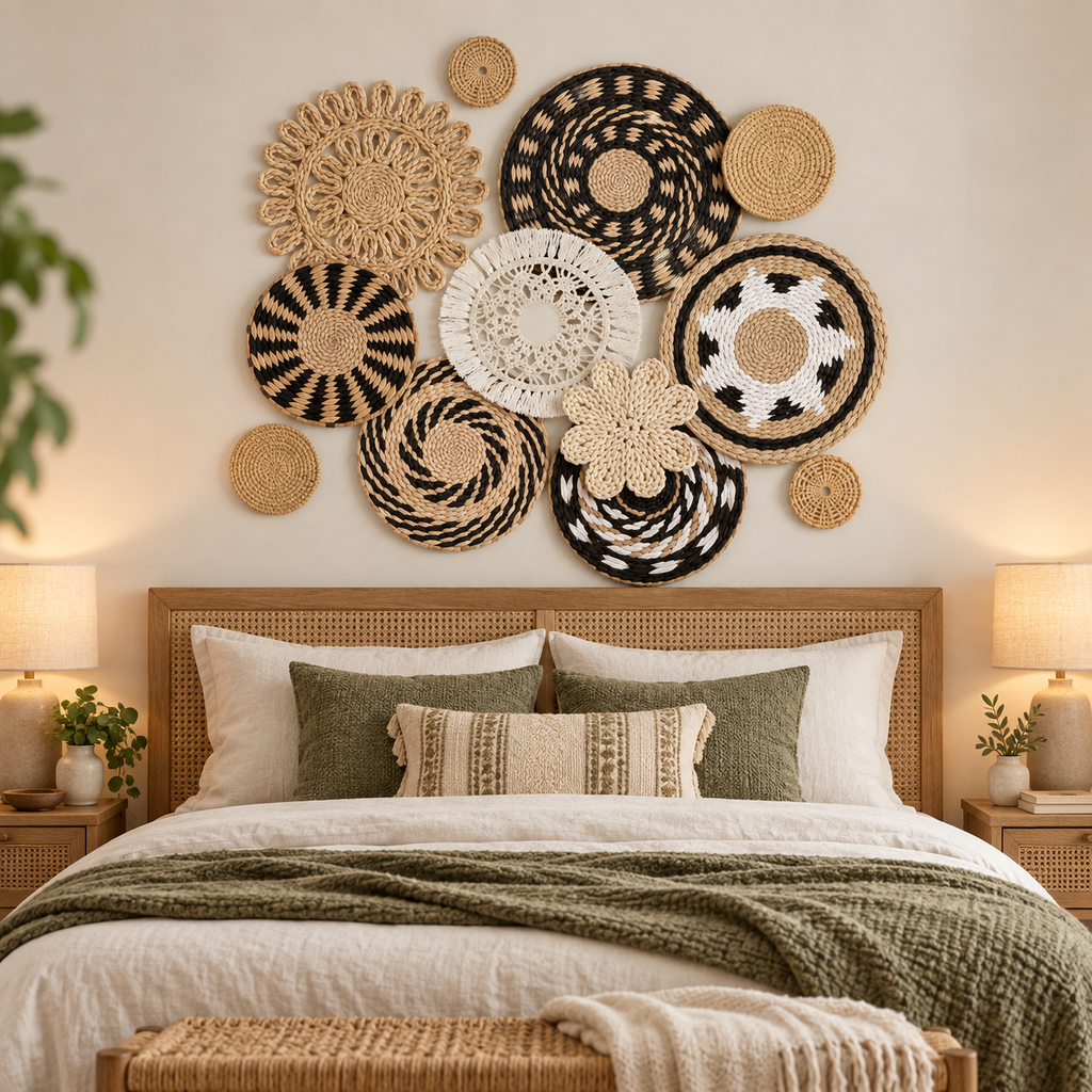 Twelve-piece black white basket wall decor in a bedroom