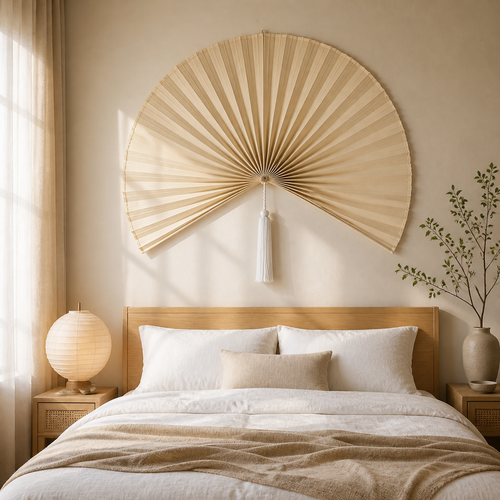 Cream White Handwoven Bamboo Wall Fan with White Tassels - 60" × 120 cm