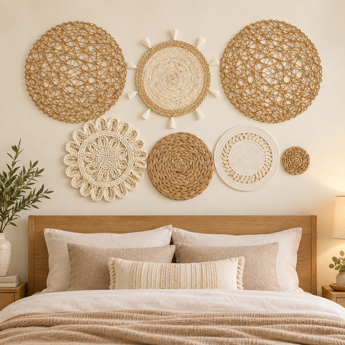 Seven-piece natural openwork wall decor displayed in a bedroom