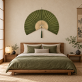 Olive Green & Natural woven wall fan in an alternate room setting