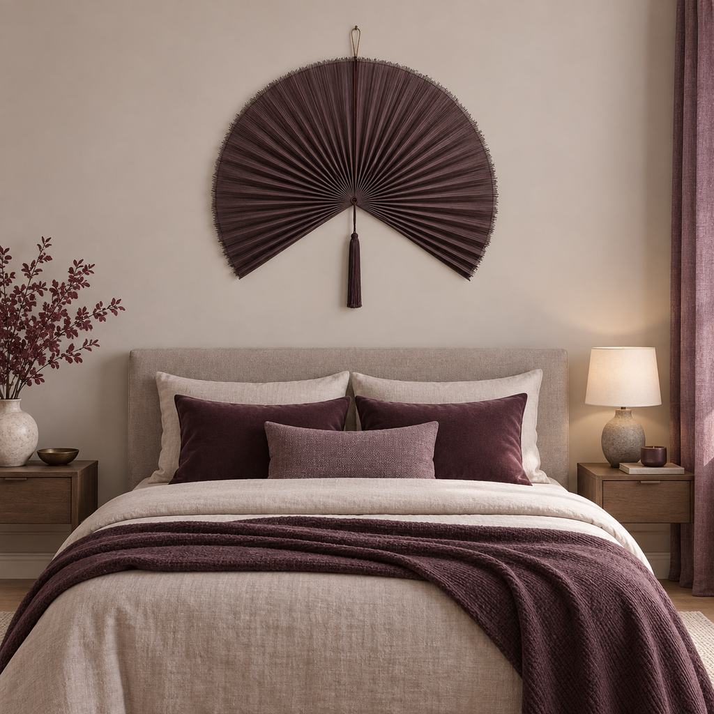 Smoky Plum woven wall fan in an alternate room setting