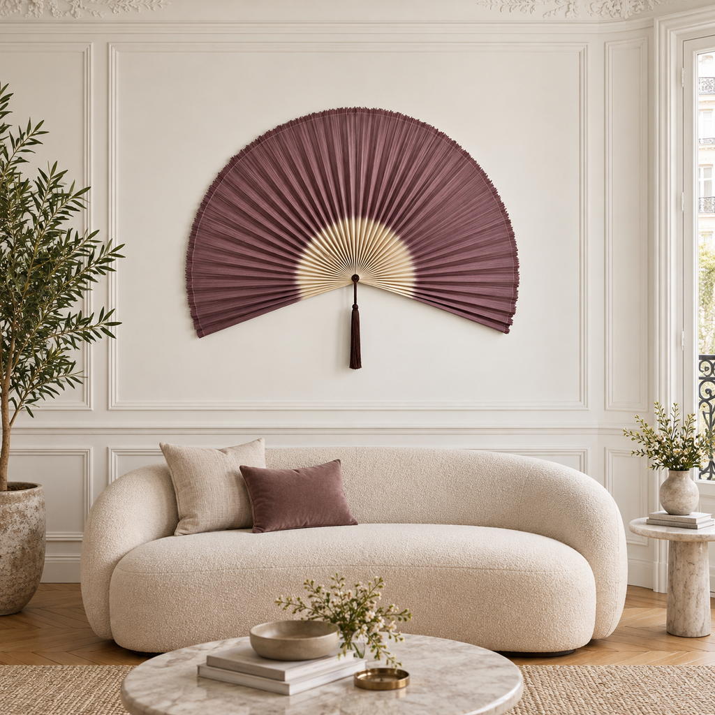 Plum Purple & Natural woven wall fan in an alternate room setting