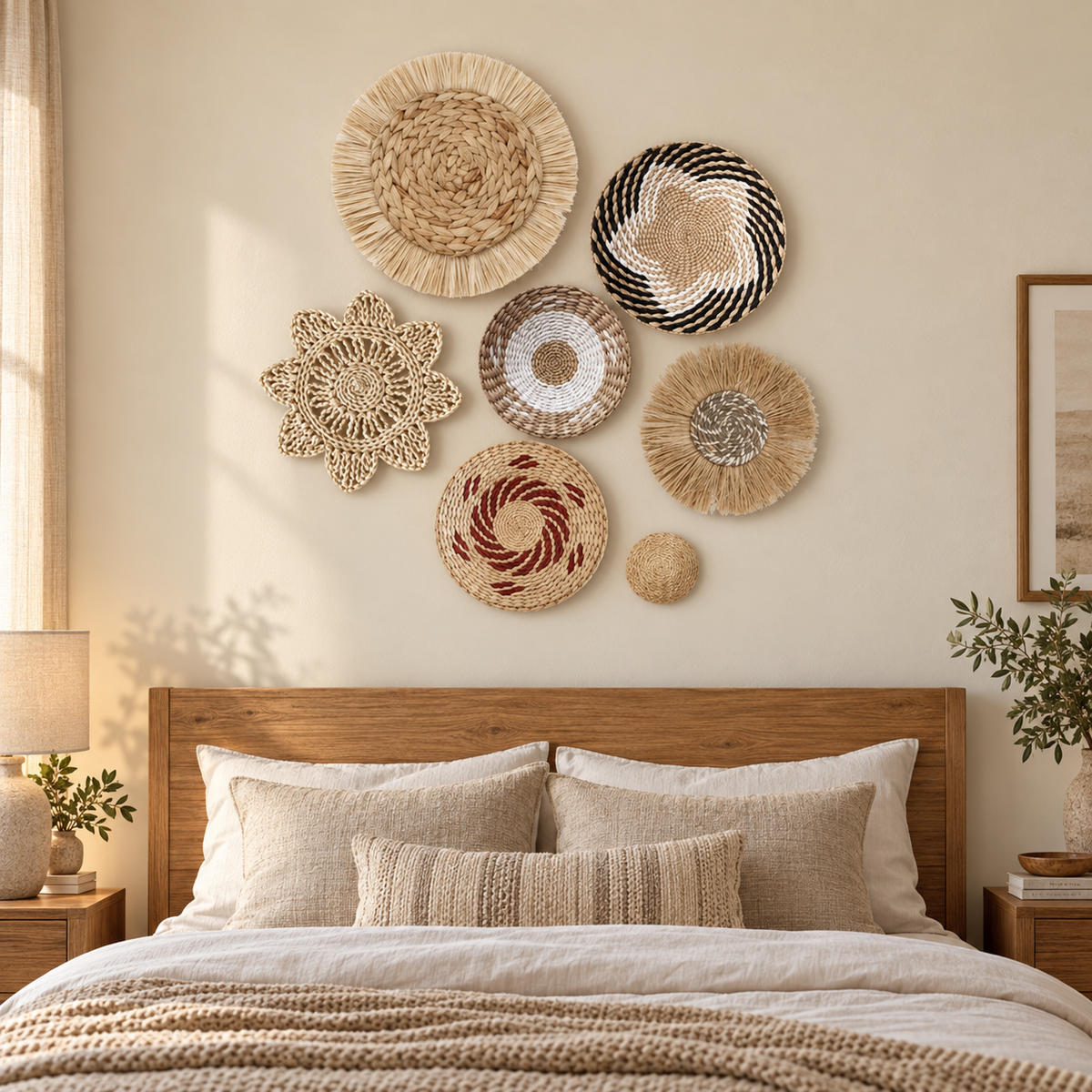 Seven-piece multicolor boho basket wall decor in a bedroom