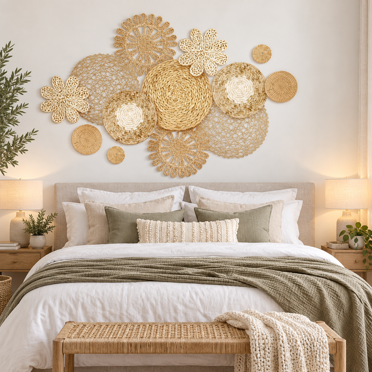 Thirteen-piece natural basket wall decor in a bedroom