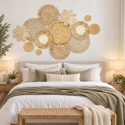 Thirteen-piece natural basket wall decor in a bedroom