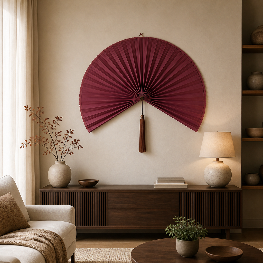 Burgundy Handwoven Bamboo Wall Fan with Brown Tassels - 60" × 120 cm