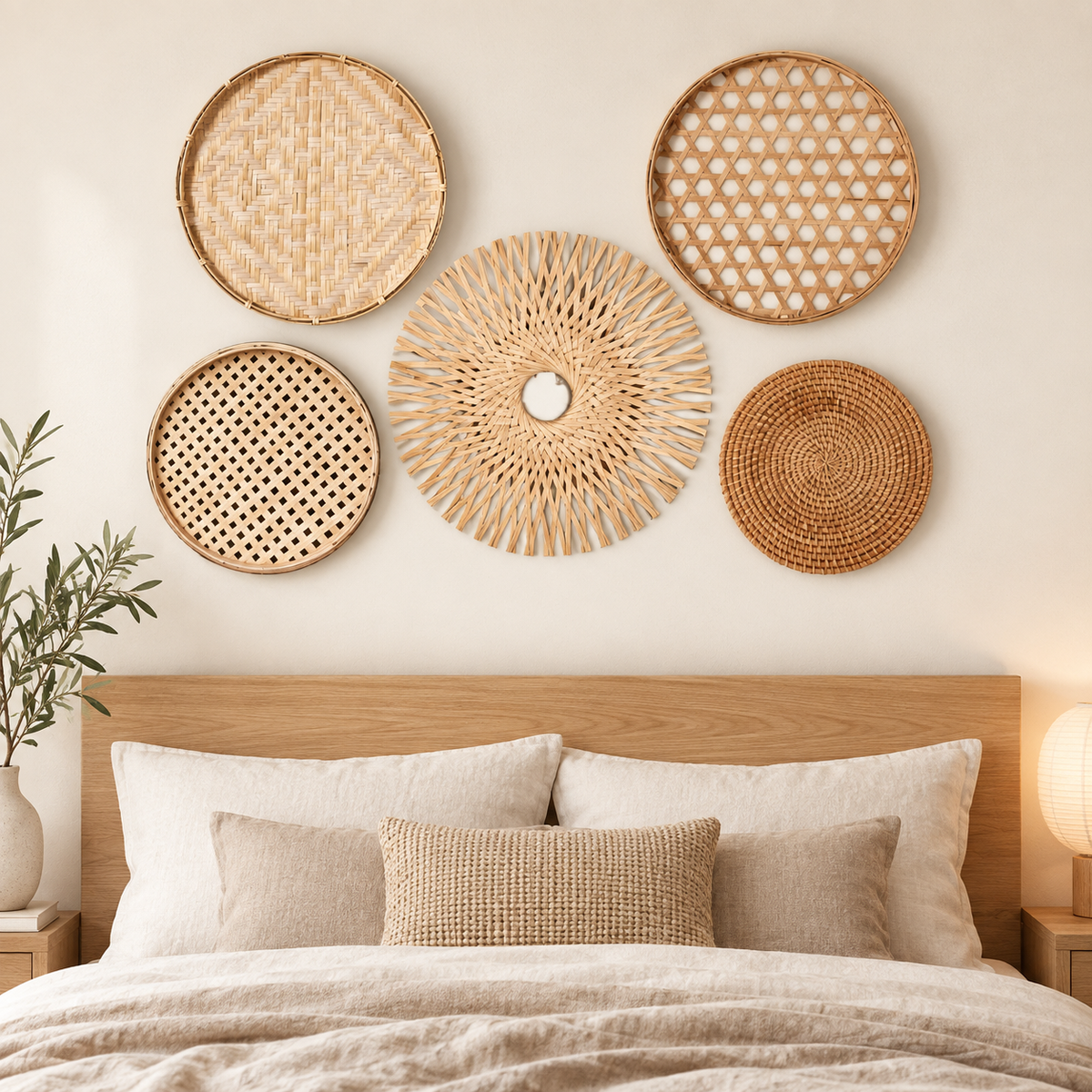 Five-piece Japandi bamboo wall decor set displayed in a bedroom