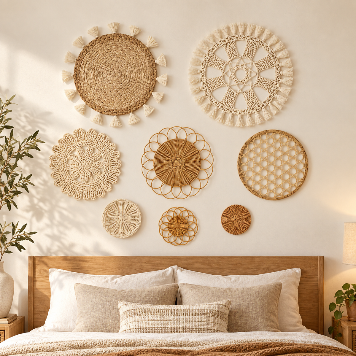 Eight-piece natural rattan wall decor set displayed in a bedroom