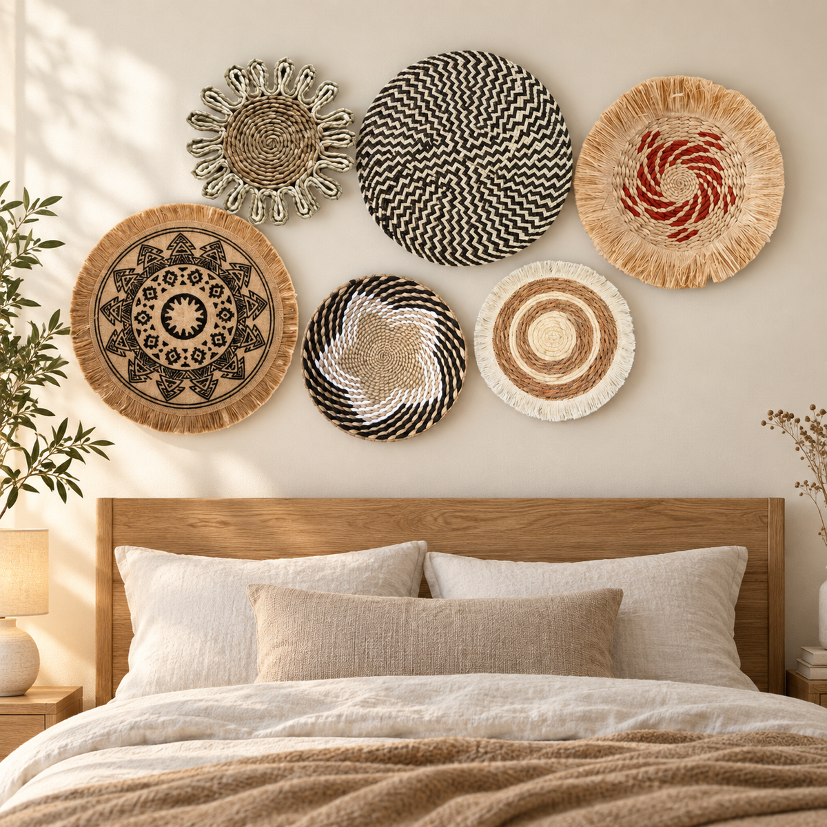 Six-piece tassel basket wall decor set displayed in a bedroom