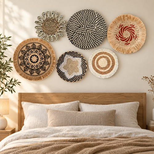 Six-piece tassel basket wall decor set displayed in a bedroom