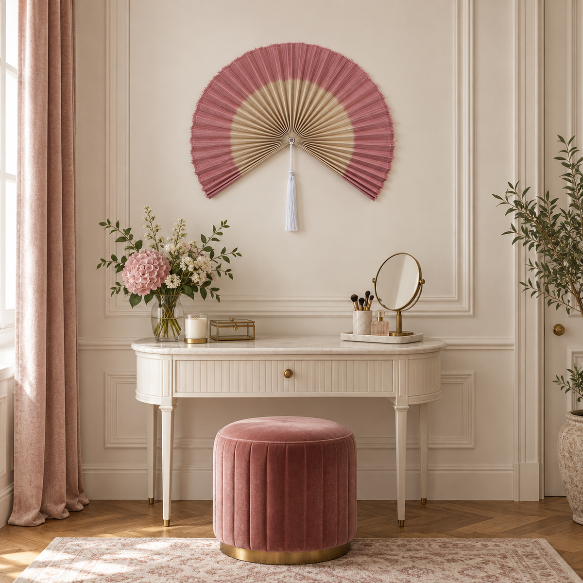 Dusty Pink & Natural woven wall fan in an alternate room setting
