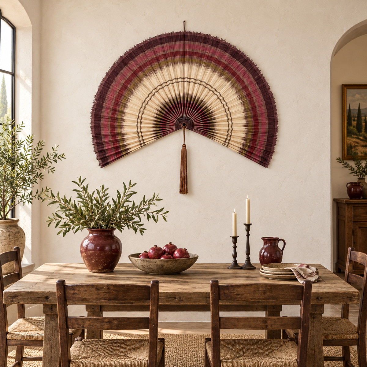Burgundy & Natural Striped woven wall fan in an alternate room setting