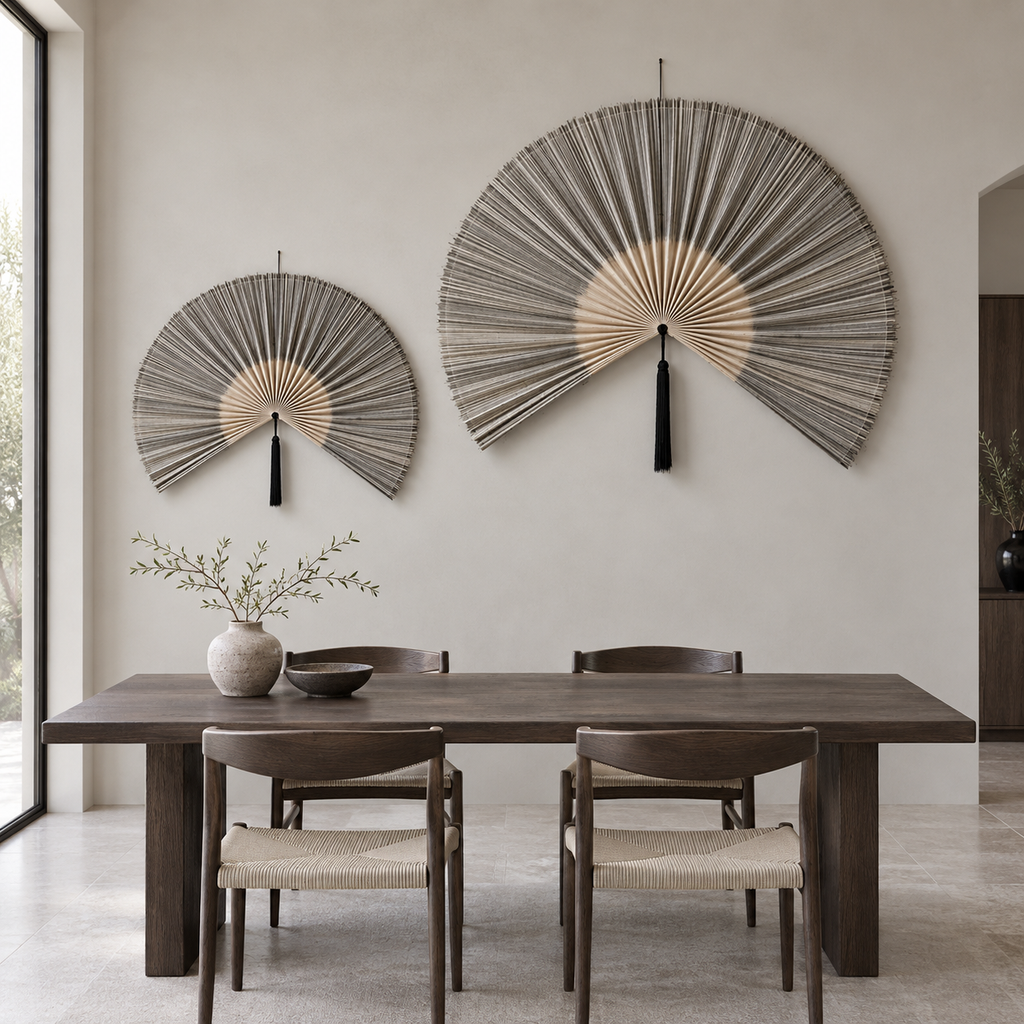 Large and small gray bamboo wall fan set in a modern dining room