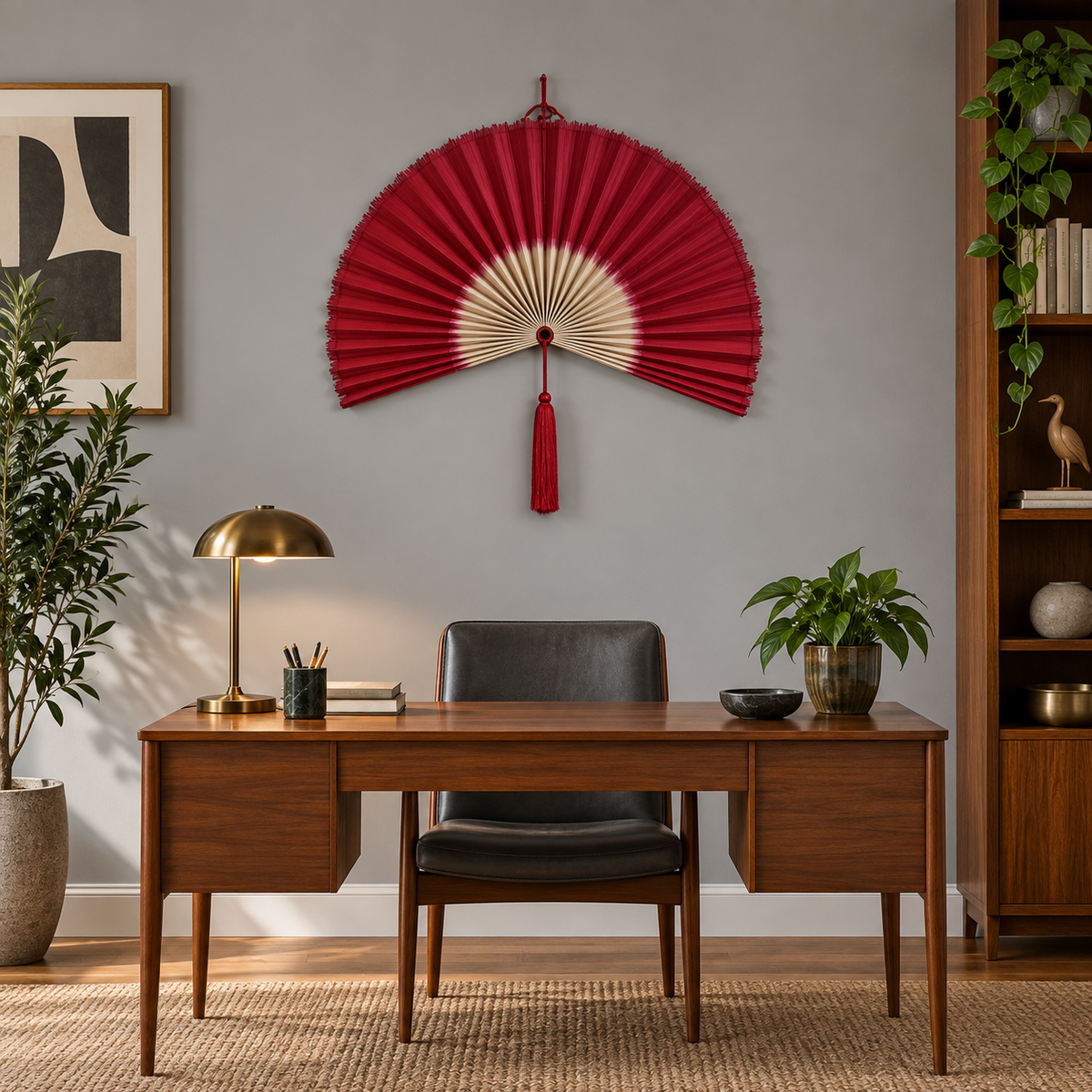 Red & Natural woven wall fan in an alternate room setting