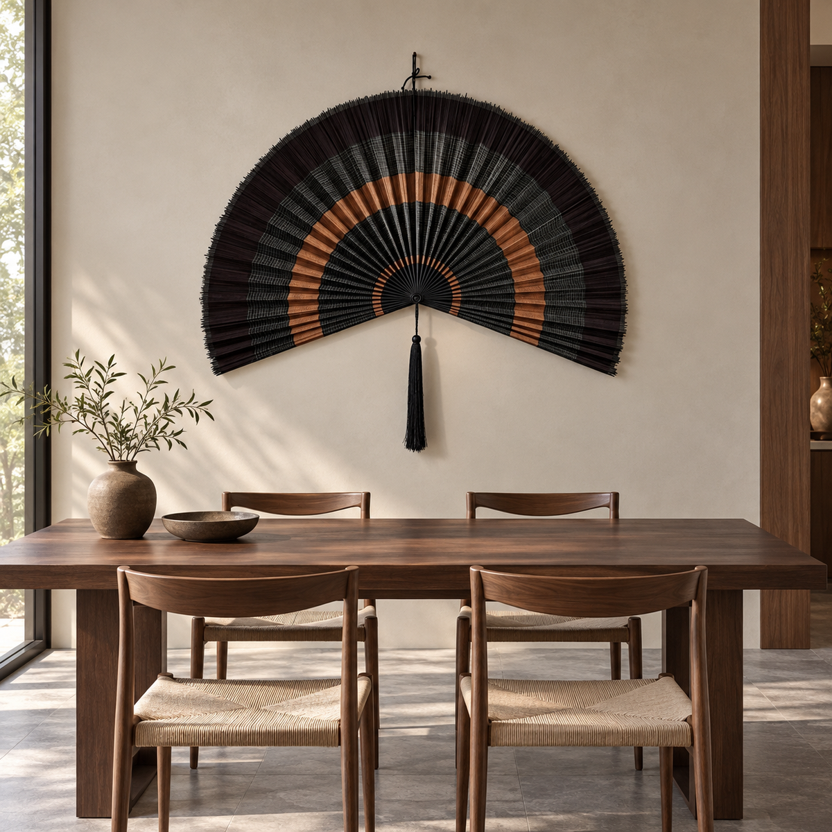 Black and copper fan wall decor in a dining room