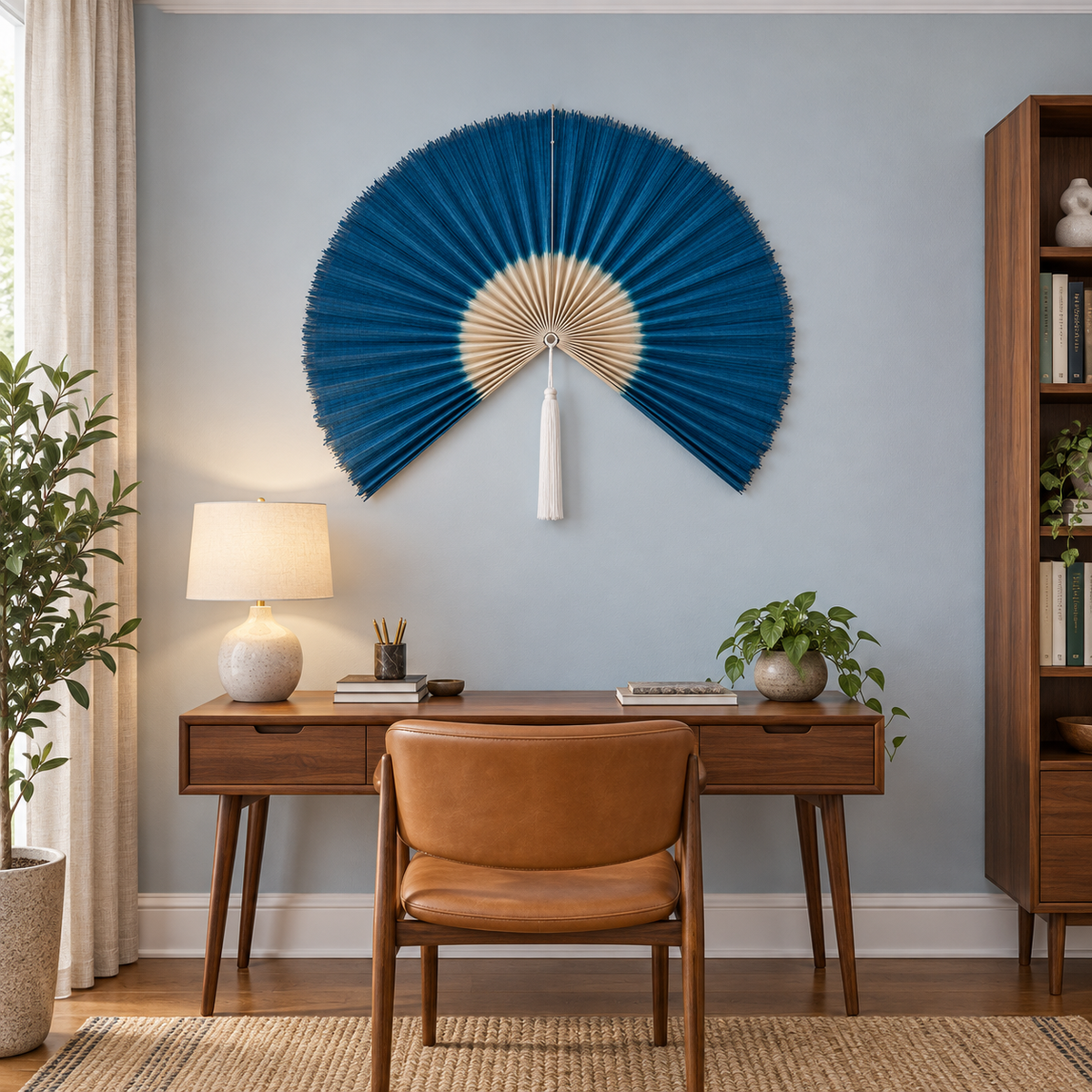 Peacock Blue woven wall fan in an alternate room setting