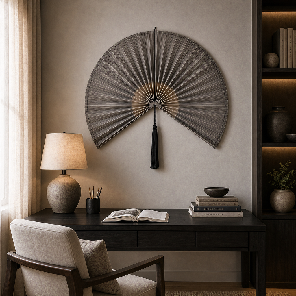 Taupe Gray Handwoven Bamboo Wall Fan with Black Tassels - 60" × 120 cm