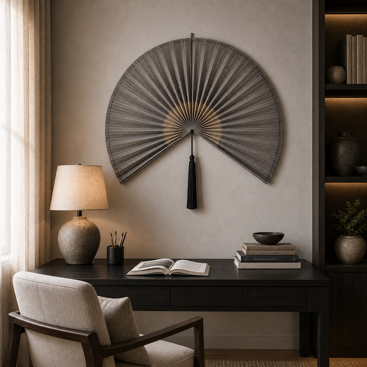 Taupe Gray Handwoven Bamboo Wall Fan with Black Tassels - 60" × 120 cm