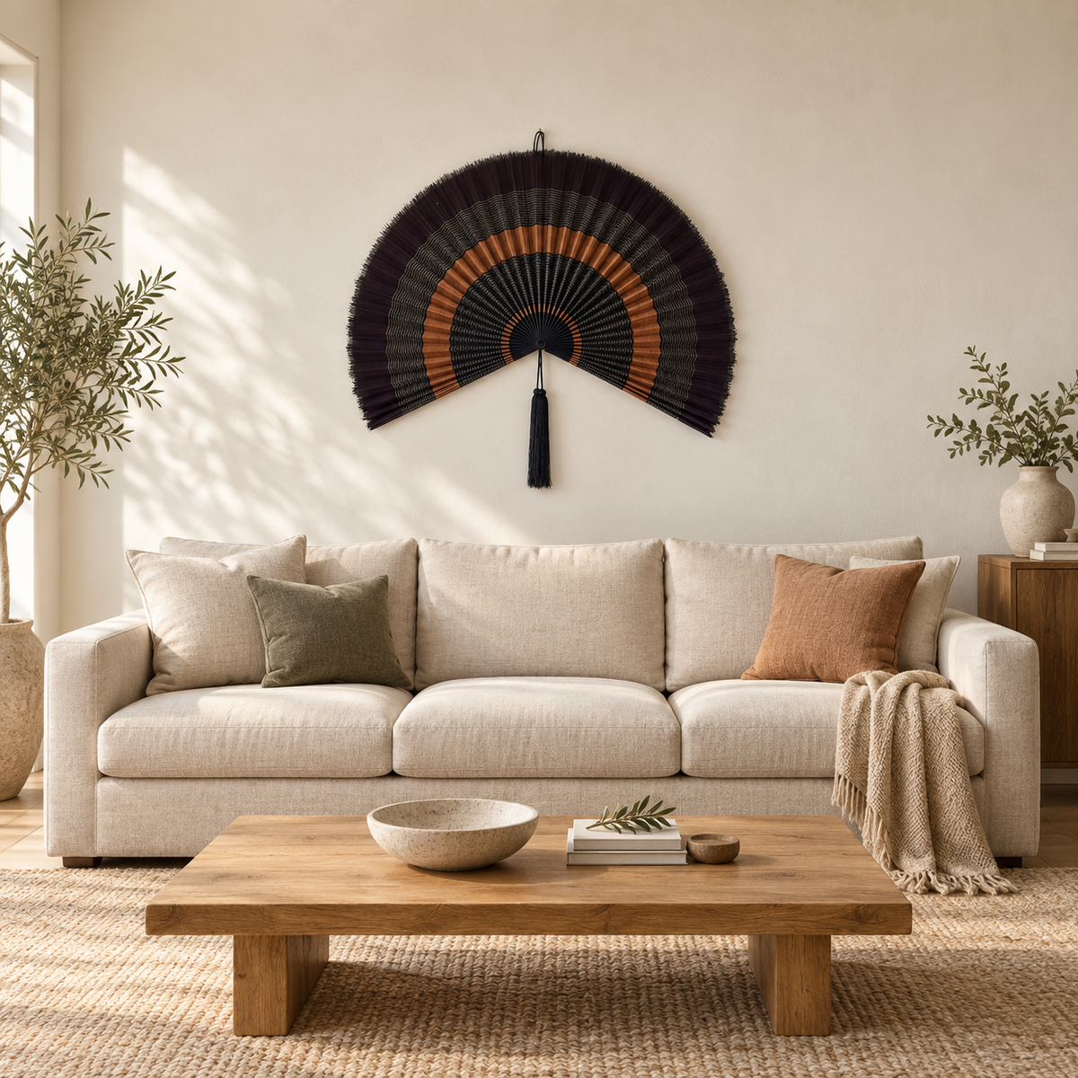 Black and copper bamboo wall fan displayed above a neutral living room sofa