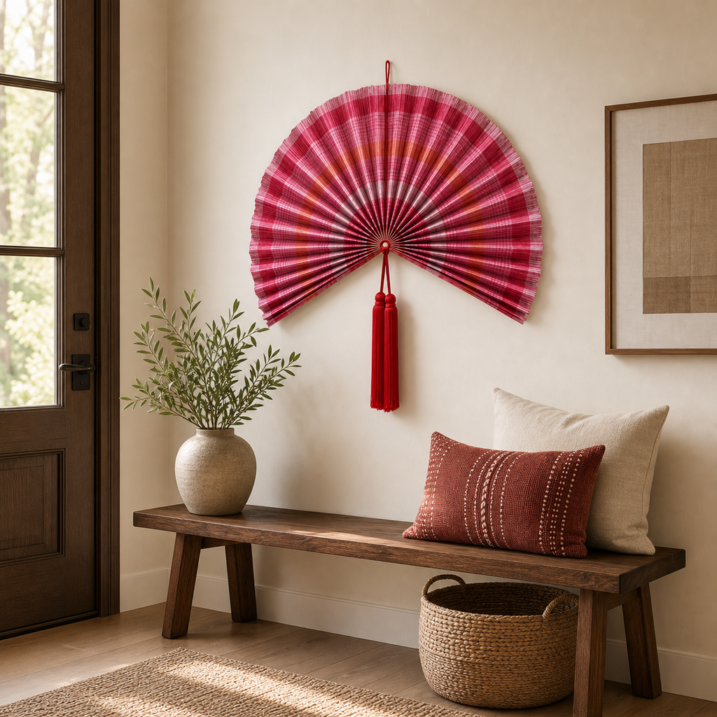 Large 30" Handcrafted Bamboo Folding Fan Wall Decor - Red Pink