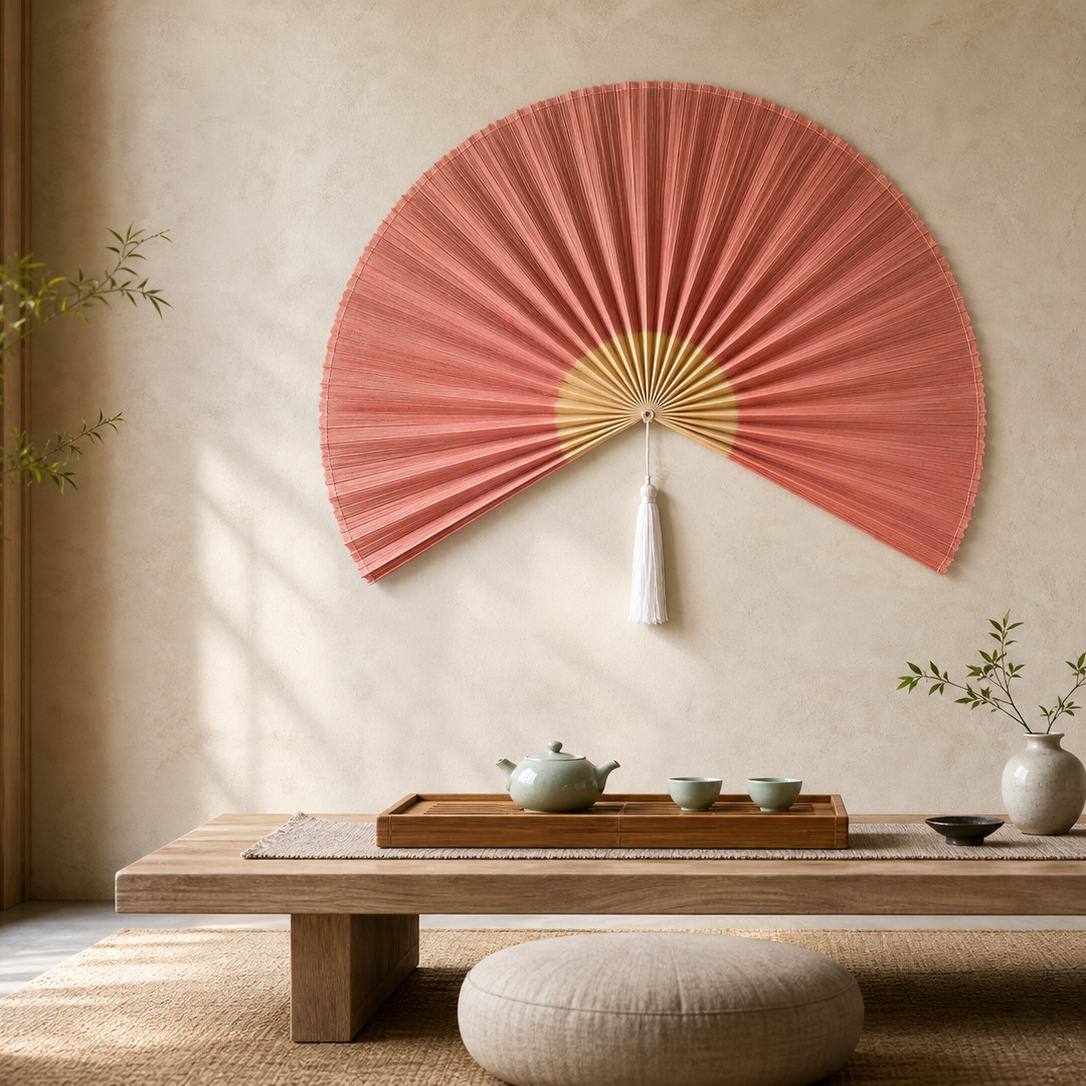 Pink Coral Handwoven Wall Fan with White Tassels