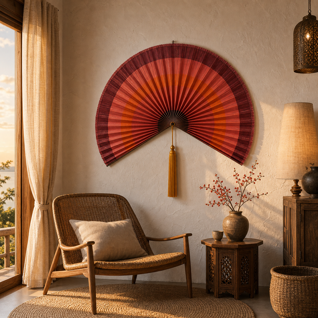 Red Orange Gradient Bamboo Wall Fan with Yellow Tassels - 75" × 150 cm