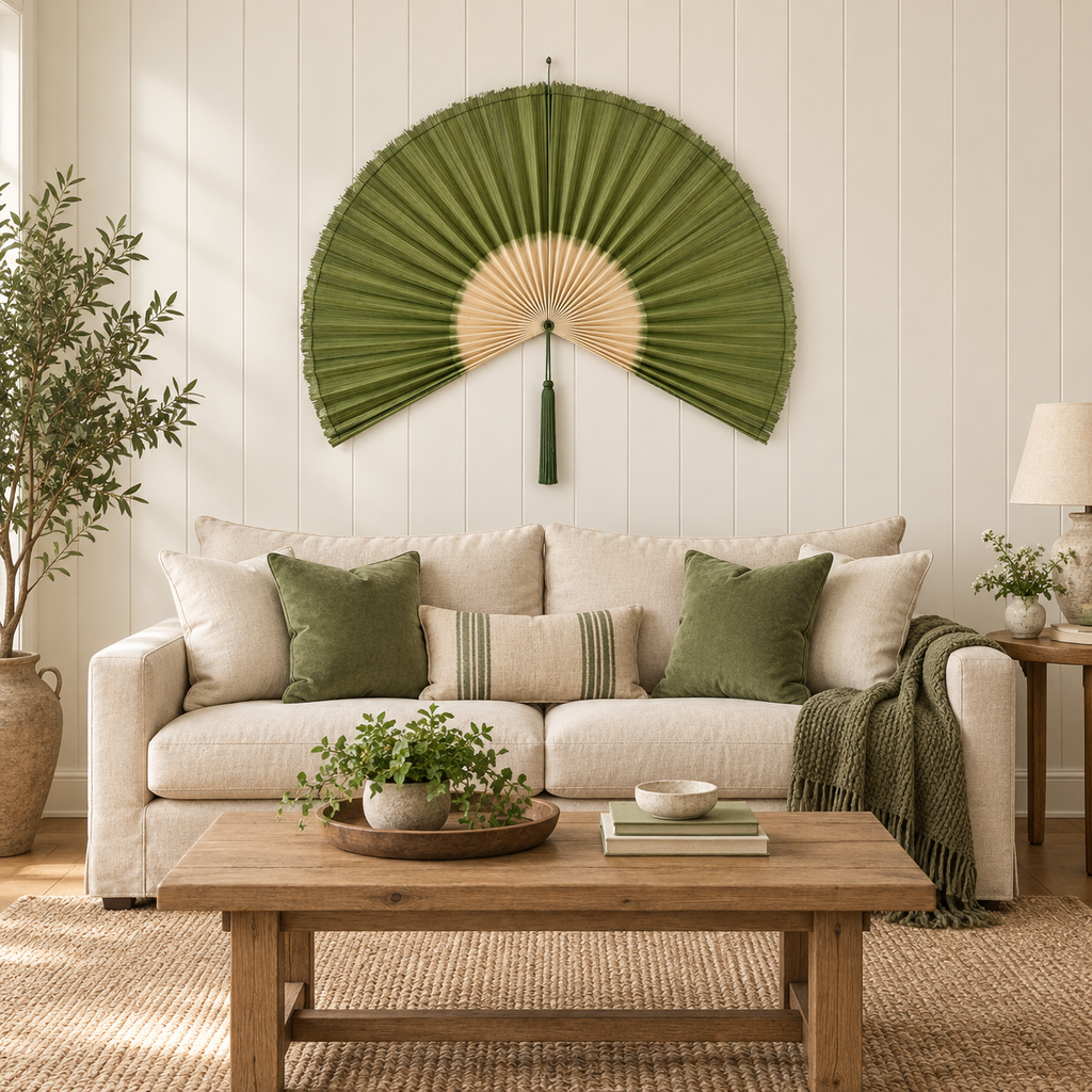 Olive Green & Natural woven wall fan as a decorative wall accent