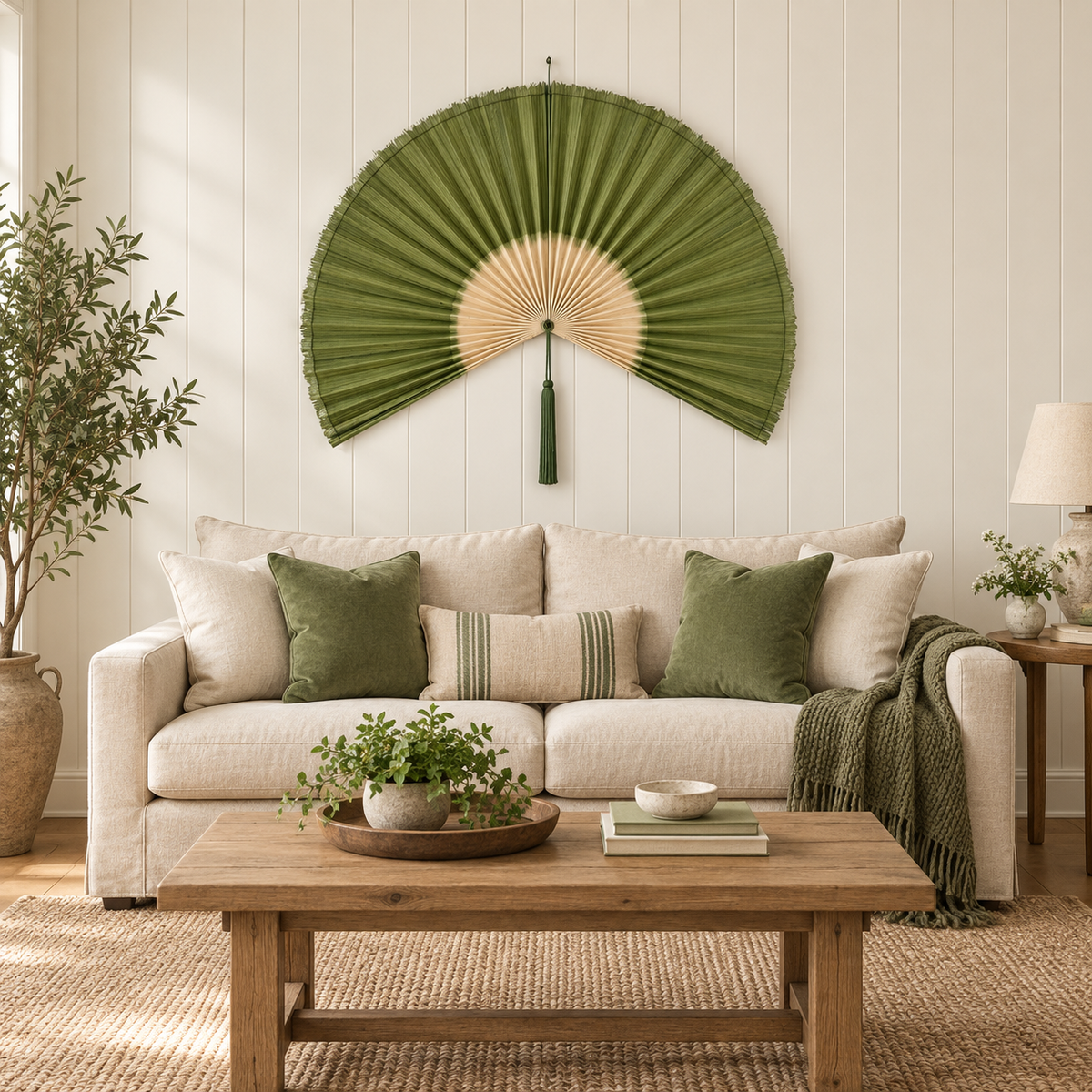 Olive Green & Natural woven wall fan as a decorative wall accent