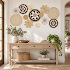 Black white openwork basket wall art in an entryway