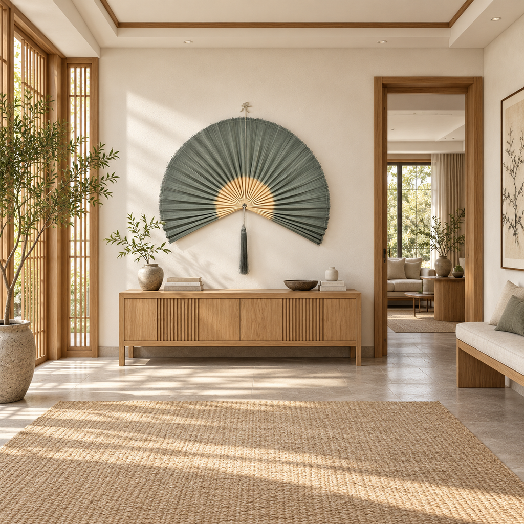 Sage green fan wall decor above an entryway console
