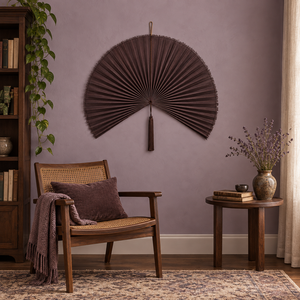 Smoky Plum woven wall fan as a decorative wall accent