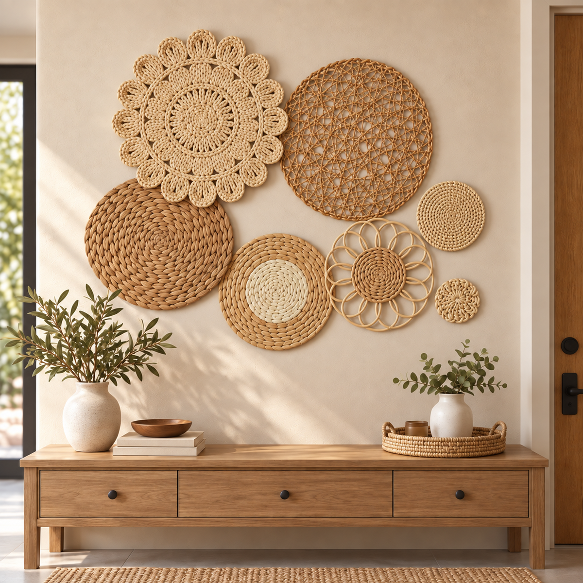 Natural floral openwork basket wall art in an entryway