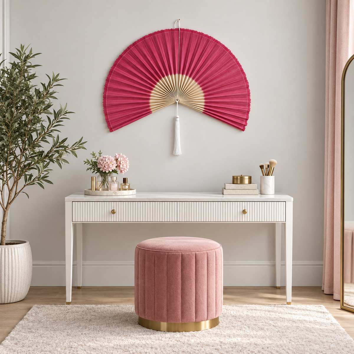 Magenta & Natural woven wall fan as a decorative wall accent