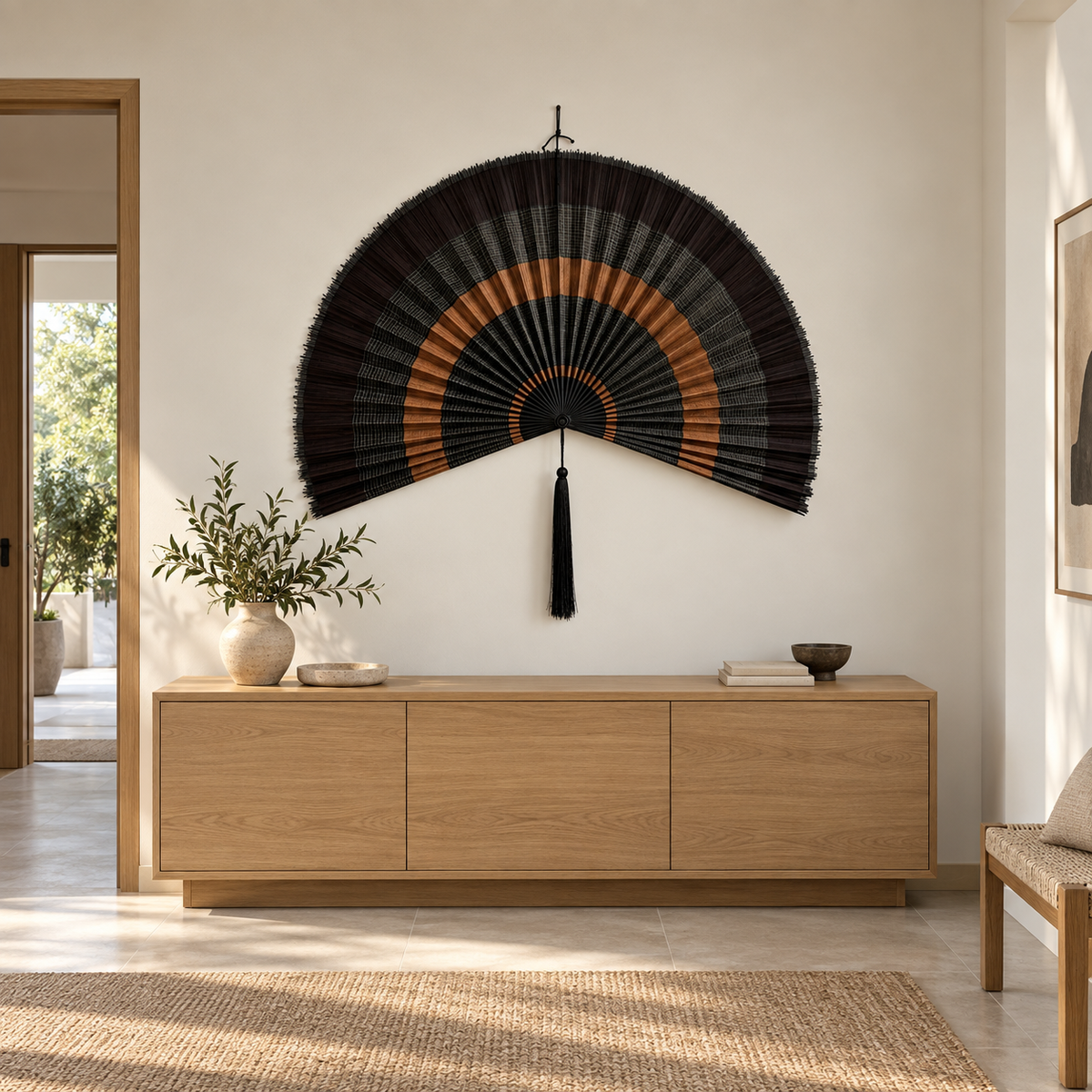 Black and copper fan wall decor above an entryway console
