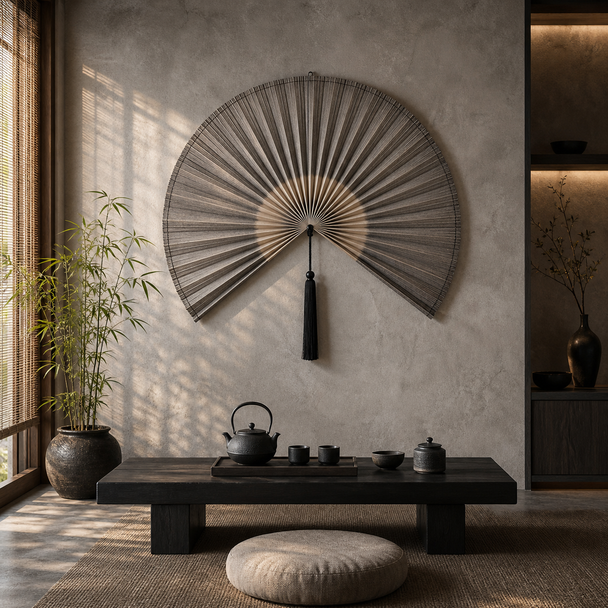 Taupe Gray Handwoven Bamboo Wall Fan with Black Tassels - 75" × 150 cm