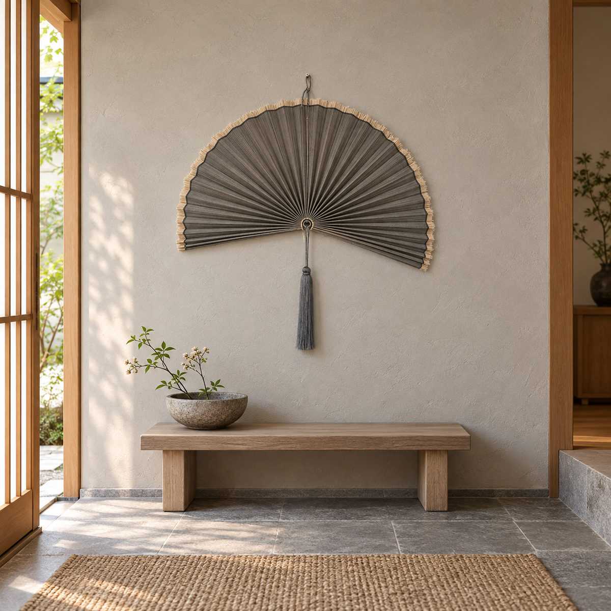 Deep Gray woven wall fan as a decorative wall accent